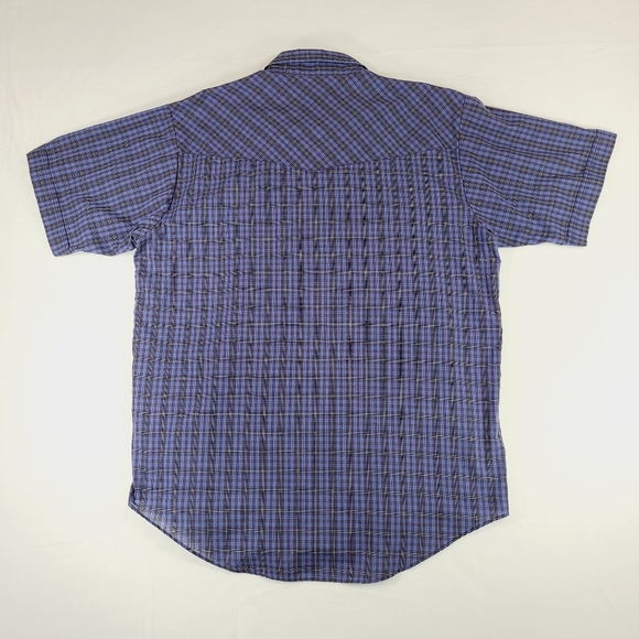 Plains Western Wear Blue Plaid Shirt Short Sleeve Pearl Snap Buttons Size Large - Picture 9 of 13